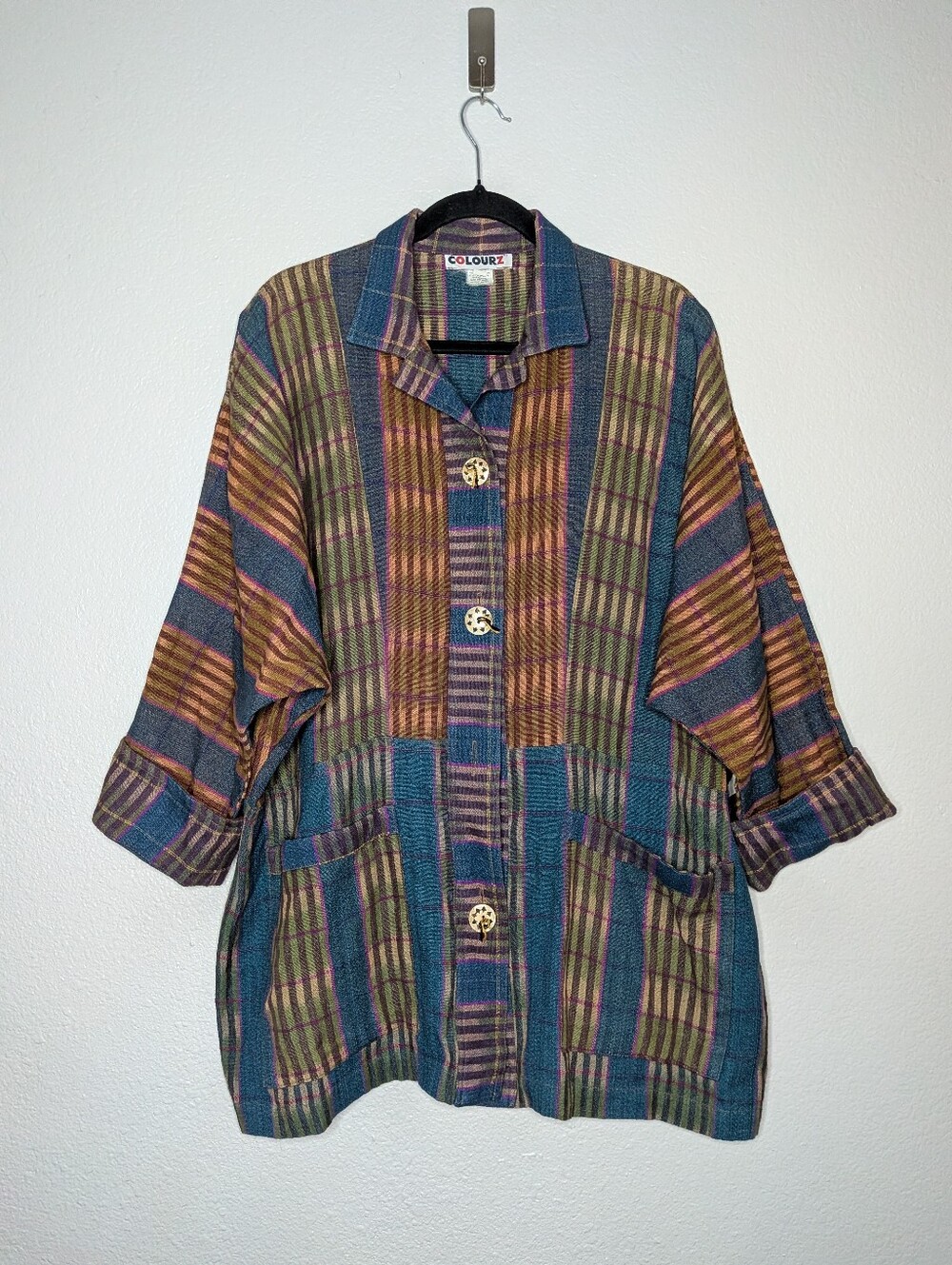 Colourz Vintage Multicolor Plaid Oversized Lagenlook Teacher Chore Coat S M